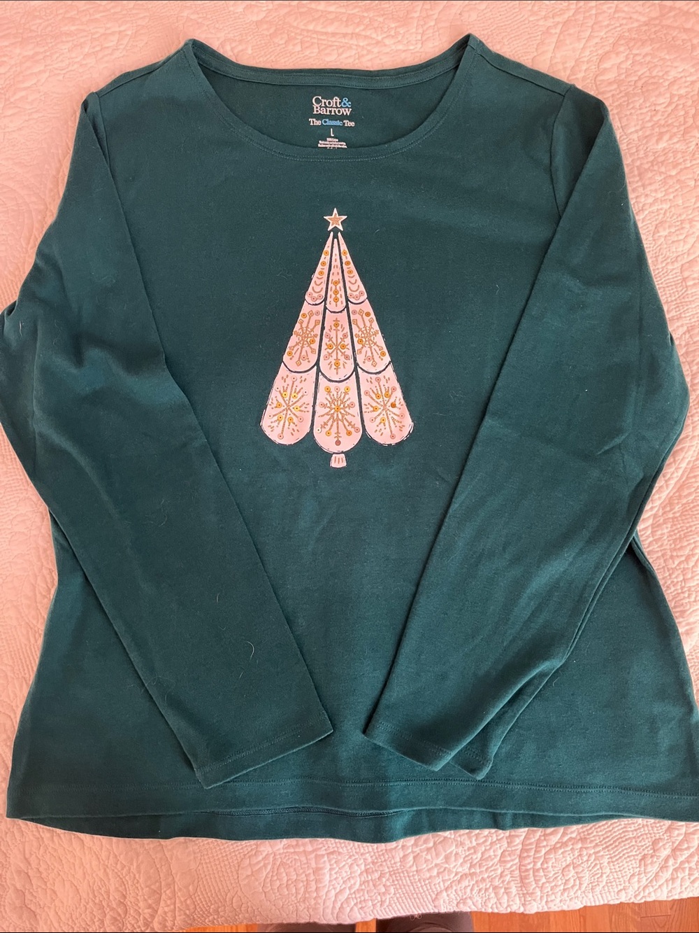 croft & barrow Dark Green Long-Sleeve Tee with Pink & Gold Tree Graphic L